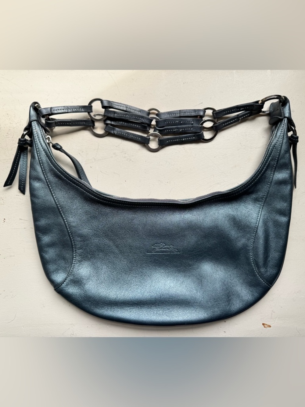 Longchamp Blue & Metallic Leather Shoulder Bag